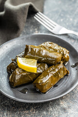 Dolmades. Stuffed vine leaves. Greek appetizer on plate.