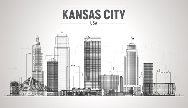 Kansas City ( USA ) Missouri skyline silhouette with panorama in white background. Vector Illustration. Business travel and tourism concept with modern buildings. Image for presentation, banner, web