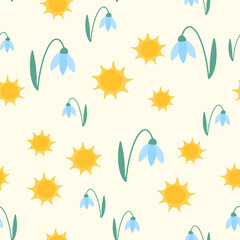 Fototapeta na wymiar Flower snowdrop and sun cute seamless pattern. Vector illustration for fabric design, gift paper, baby clothes, textiles, cards.