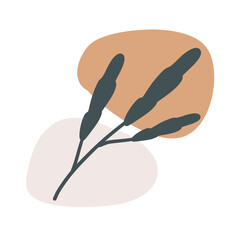 Plant on background of colored spots. Black botanical branch and brown and gray geometric abstract pattern in a minimalist style. Doodle object