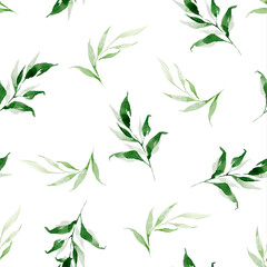Fototapeta na wymiar Watercolour green floral seamless pattern with leaves