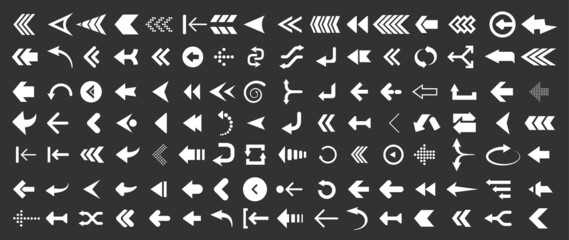 Arrows web collection on black. Modern graphic direction signs computer screen arrows