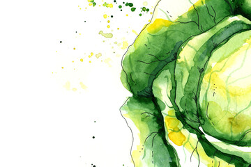 Watercolor green cabbage with splashes, close. Hand draw illustration on a white backgroundю