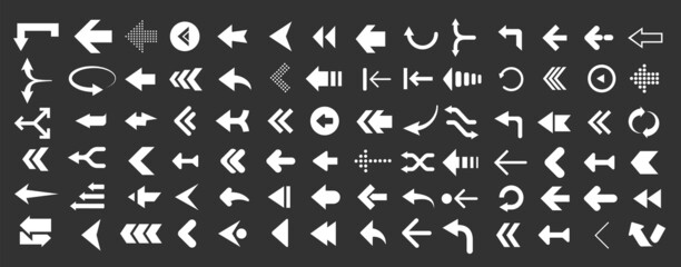 Arrows web collection on black. Modern graphic direction signs computer screen curves arrows