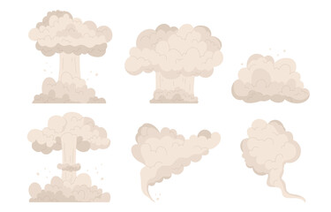 Cloud after bomb explosion set. Huge explosion of atomic bomb, dynamite detonator, nuclear mushroom. Dust smoke cloud after blast Vector illustration in cartoon style. Isolated on white background.