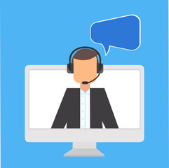 Help, Support and Contact. Male and female call center working in headphones. 