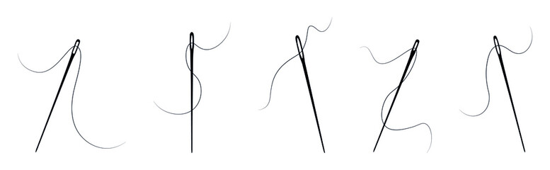 Set of sewing needles with thread isolated of an white background. Needles and thread icon in different styles.Vector illustration