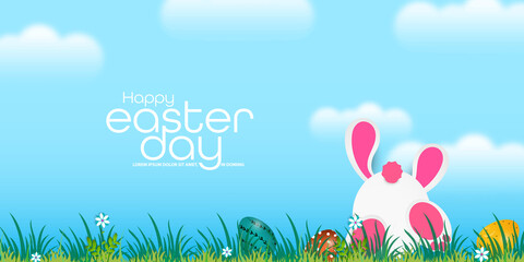 Illustration of the Easter poster and the banner with rabbits and beautifully painted eggs on the grass in the background of the blue sky.