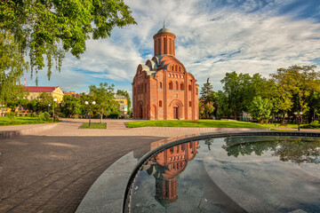 Early spring morning in ukrainian city of Chernihiv with view to Pyatnitska church in central art of the city