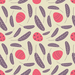 Colorful seamless background with Easter eggs and feathers. Easter pattern 
