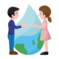 Happy couple holding a drop of water with an earth globe Vector