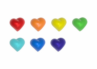 set of seven hearts in all colors of the rainbow. rainbow flag lgbt. realistic 3d heart of different colors on a white isolated background. rainbow symbol of the LGBT community. design elements