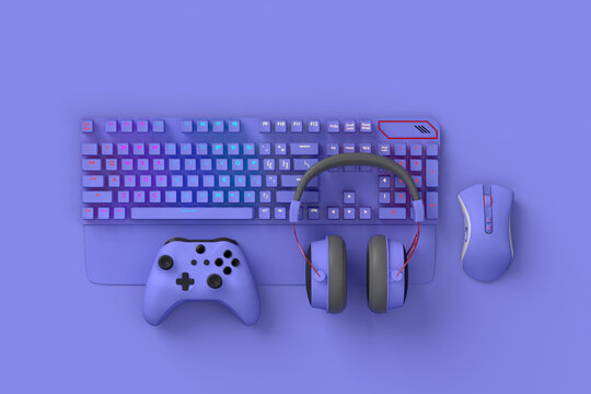 Top view of gamer workspace and gear like mouse, keyboard, joystick, headset