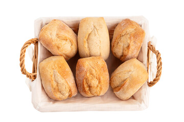 Naklejka premium Tasty wheat buns or breads in a wicker basket isolated on a white background