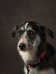 portrait of a beautiful dog on a brown canvas. Mix of breeds. Pet in the studio, artistic photo on the background