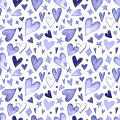 Seamless pattern of watercolor pink, lilac and blue hearts. Valentine's Day Symbols