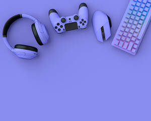 Top view of gamer gears like mouse, keyboard, joystick and headphones on purple © Vasyl Onyskiv