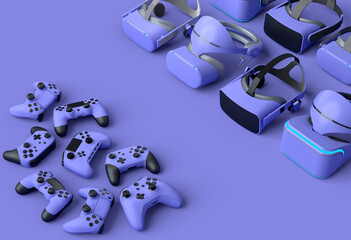 Top view virtual reality glasses and controllers for online gaming on purple © Vasyl Onyskiv