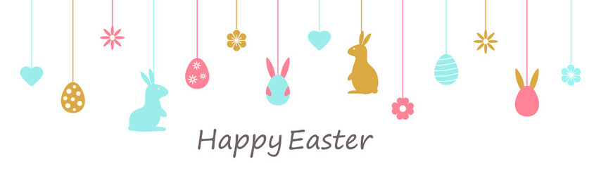Happy Easter banner with color hanging baubles. Holiday background with bunny, eggs, flowers, hearts icons. Spring pattern. Festive cartoon border. Greeting frame. Vector illustration