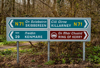 Road sign directions towards Skibbereen, Kenmare, Killarney and the ring of Kerry in the southwest...