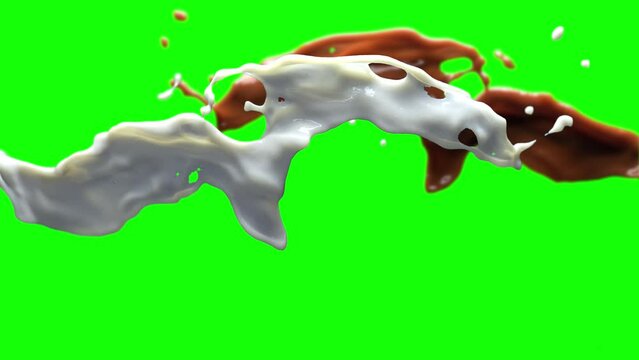 Splashes of Milk and Chocolate on green screen and transparent background. 3D animation of white and brown liquids with chroma key, alpha channel ProRes 4444 in 4k UHD resolution included.