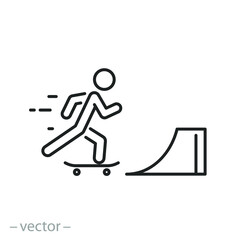 skater in the park icon, ride skateboard man, thin line symbol on white background - editable stroke vector illustration © Yurii