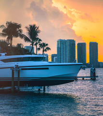 sunset in the city sea boat palms trees sky colors sky clouds buildings miami usa florida 