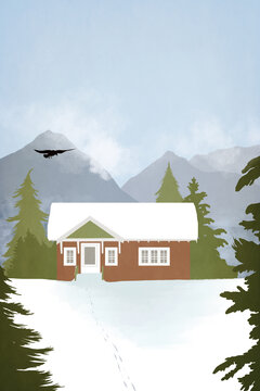 Illustration of a winter cabin in the mountains with raven. 