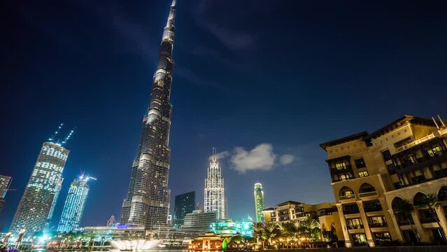 night light dubai mall hotel world tallest building fountain panorama 4k timelapse uae