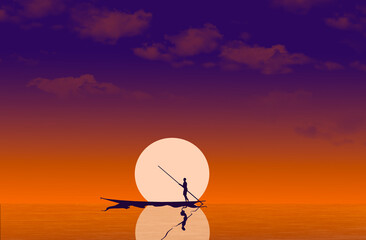 A man in a longboat poles on water in front of a setting sun in a 3-d illustration.
