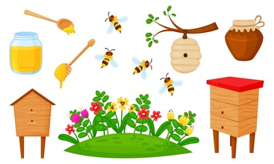 Vector illustration honey set. Bees, meadow, flowers, beehive, house for a bee. leaves, spoon, jar of honey, nature healthy lifestyle.