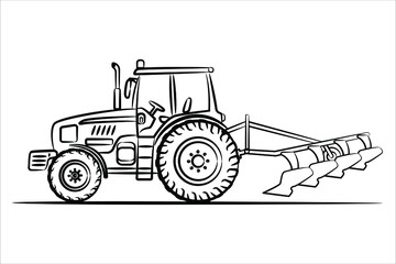 A hand drawn of a farm tractor isolated on white. Heavy agricultural machinery for field work. Side view of modern tractor. A tractor with a plow plows a field. Flat style, vector illustration.