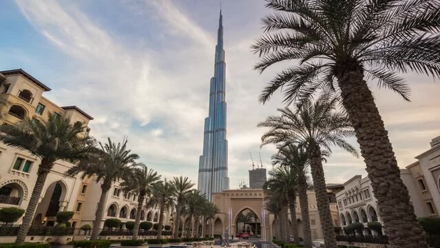 dubai downtown famous palace hotel tallest building panorama 4k timelapse uae