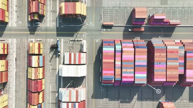 Aerial View Of Semi Truck, Cargo Containers. Logistics Export And Import Distribution Shipping Freight Center. Drone 4k. COVID Vaccine Shipment Delays, Supply Chain Disruptions Shortage.