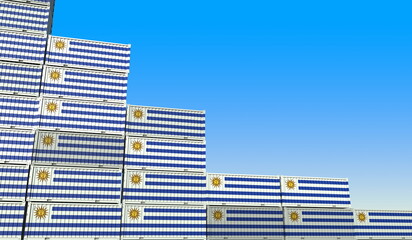 Containers with flag of Uruguay represent declining trend. Economic or export crisis concept. 3D rendering