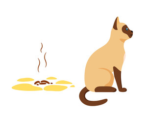 Siamese cat sitting near its poop. Badly behaved pet going to toilet on floor. Pet toilet hygiene concept. Bad smell. Flat style vector 