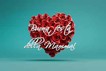 3d rendering: A heart of red roses in front of a turquoise background and the Italian message 