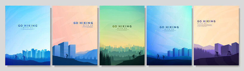 Fototapeta premium Vector illustration. Travel concept of discovering, exploring and observing nature. Hiking around the city. Adventure tourism. Flat design for poster, magazine, book cover. Cityscape architecture 