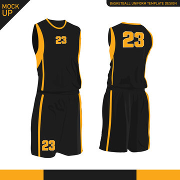 Basketball uniform template design. Black and Orange Tank top t-shirt mockup for basketball club. Front view and back view sport jersey. Isolated white background. Vector Illustration.