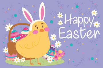 Cute little chicken and a basket with painted eggs Easter week Vector