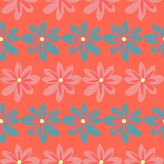 Obraz premium Cheerful vector floral repeat seamless pattern in pink, blue and coral pink