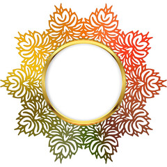 Golden circular frame surrounded by autumn leaves in gradient colors.