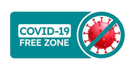 Covid free vector banner design. Covid-19 free zone text signage with virus shield logo and protection elements for disinfected public place symbol. Vector illustration.
