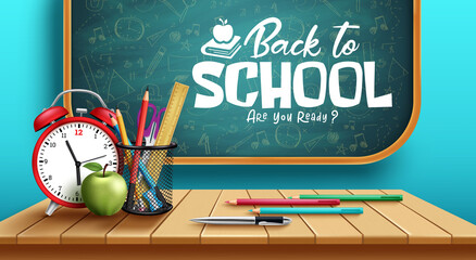 Back to school vector concept design. Back to school text in chalkboard with color pencil, alarm clock and supplies elements for educational class learning. Vector illustration.
 - obrazy, fototapety, plakaty