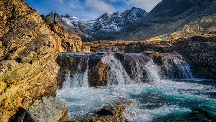 Fototapeta na wymiar The Cuillin Mountains and the Fairy Pools on the Isle of Skye in Glen Brittle