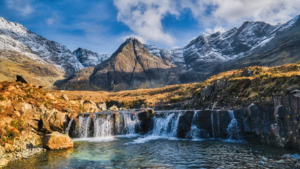 The Cuillin Mountains and the Fairy Pools on the Isle of Skye in Glen Brittle