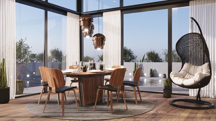 Dining table and chairs. Terrace view. Table setting for lunch or dinner. 3D render. 
Wicker Hanging Chair Egg for Leisure