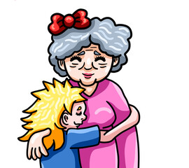 Stylized Cute Grandma and Granddaughter Hugging