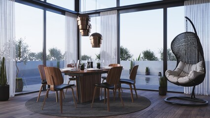 Dining table and chairs. Terrace view. Table setting for lunch or dinner. 3D render. 
Wicker Hanging Chair Egg for Leisure