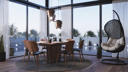 Dining table and chairs. Terrace view. Table setting for lunch or dinner. 3D render. 
Wicker Hanging Chair Egg for Leisure